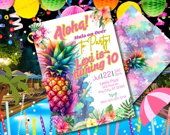 Pineapple Tropical Birthday Invitation Digital Download | Colorful Splash Hula Party Canva Template, TB5