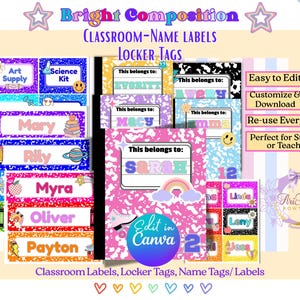 Op de afbeelding: Felgekleurde naamlabels en locker tags voor in de klas. Ontwerpen omvatten labels met namen als Mary, Riky, Myra, Oliver en Payton. De labels hebben een verscheidenheid aan kleurrijke achtergronden en ontwerpen, waaronder kunstbenodigdheden en planeten.