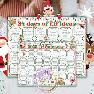 Op de afbeelding: Een kleurrijke Elf Kalender 2025 met 24 dagen aan ideeën, met illustraties van elfen, de kerstman en rendieren. De kalender bevat dagelijkse activiteiten zoals verstoppen in een ontbijtgranen doos en het achterlaten van een briefje. De tekst luidt "24 dagen Elf ideeën" en "December 2025 Elf Kalender."