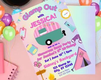 Glamping Camping Birthday Invitation Girl Camp Pink Invite, 2-Side Digital Download Canva Template