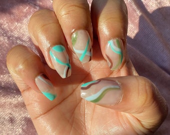 Abstract Press On Nails| Blue, Green, and Brown Nails|