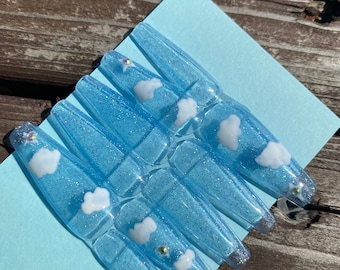 Blue Skies Press On Nails | Sheer Blue Sparkly Cloud Nails | Durable Press On Nails | Salon Quality Nails