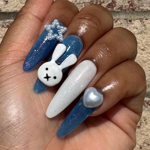 Miffy Press On Nails | Long Almond | Blue & White Glitter Nails | 3D Bunny Charm | Hand Sculpted Kawaii Nail Set