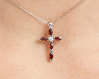 Birthstone Cross Neckalce - Gold Personalized Cross Jewelry - Mother's Day Gift - Personalized GoldNecklace - Grandma Gifts - Garnet