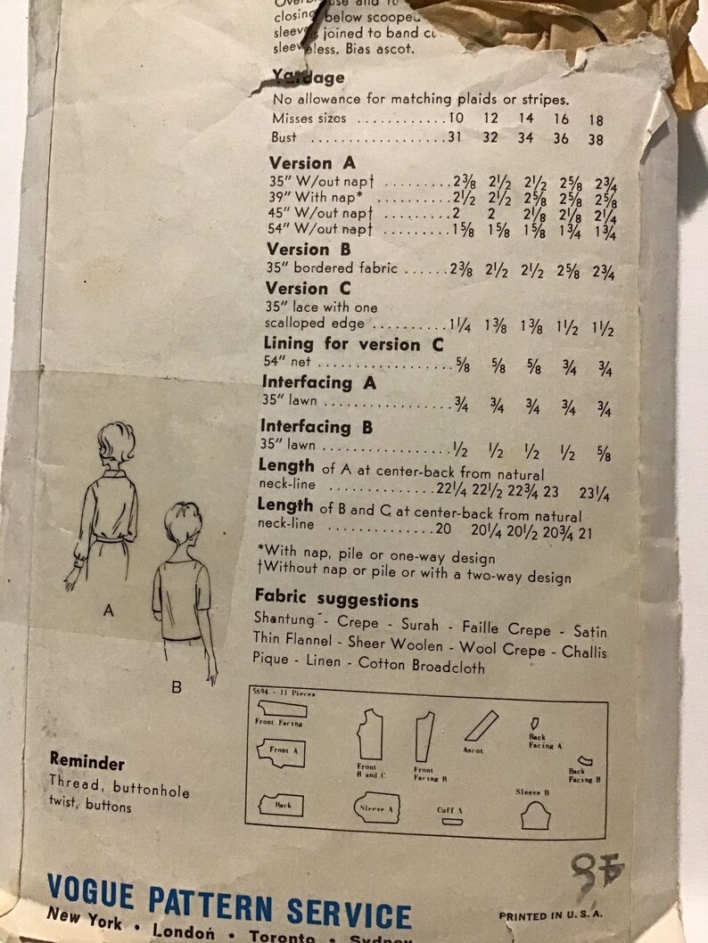 Cut and Complete Vintage Sewing Pattern Vogue 5694 Women\u2019s Overblouse Blouse Size 16 Bust 36\u201d