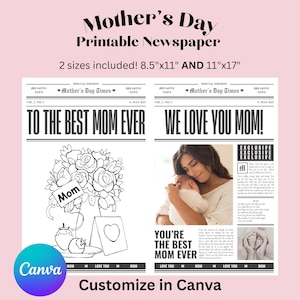 Editable Mother&#39;s Day Newspaper Template, Personalized Mother&#39;s Day Gift, Printable Mother&#39;s Day Card, Flower Insert: 2 sizes included