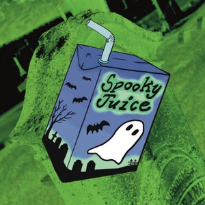 May include: A cartoon illustration of a juice box with a blue background and the words "Spooky Juice" in green. The juice box features bats, a ghost, and a graveyard scene. A white straw extends from the top of the box.