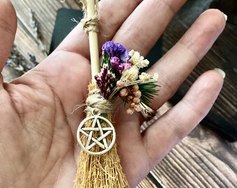 Floral miniature besom broom broomstick dried flowers pentagram hanging decoration Wiccan pagan witchy Gift orange fragranced