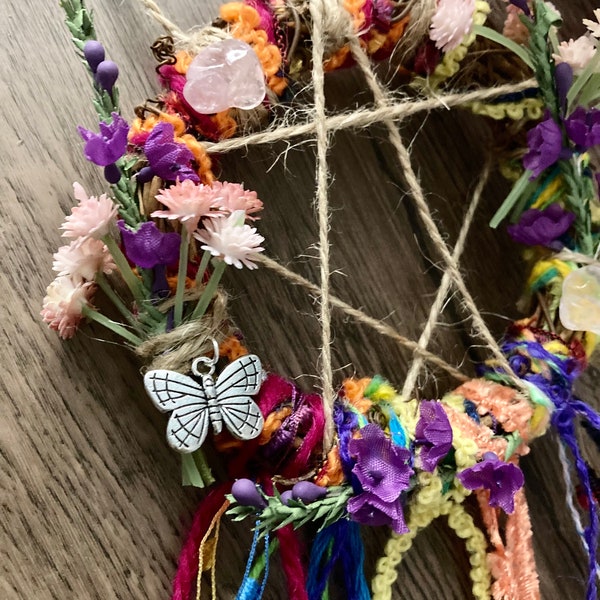 Beltane Pagan Wiccan witch bells protection hanging wreath flowers pentagram decoration Rose Quartz may pole bright colours Ostara  LIMITED