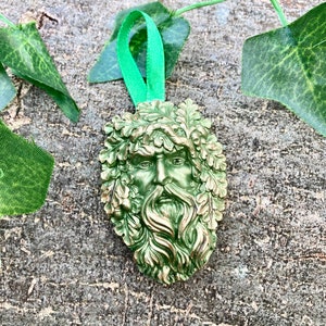 Green man hanging wall tile decoration handmade painted ceramic plaque green gold altar ornament pagan Wiccan Druid Beltane gift