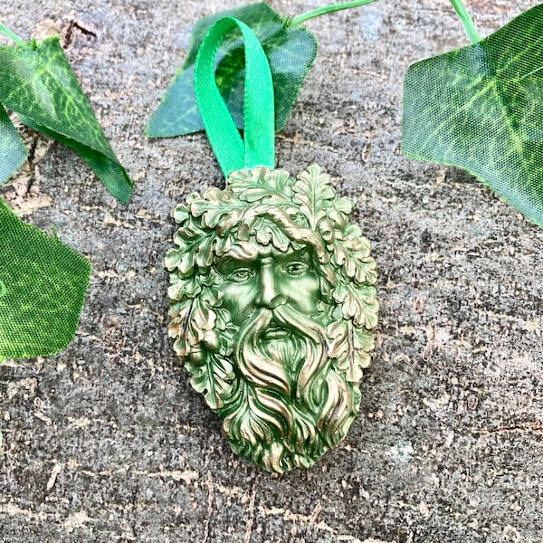 Green man hanging wall tile decoration handmade painted ceramic plaque green gold altar ornament pagan Wiccan Druid Beltane gift
