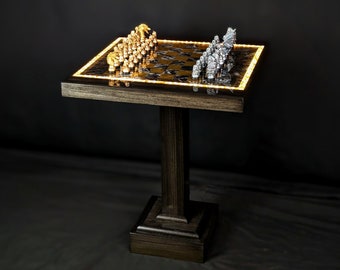 Game of Thrones Chess Table - Magnetized and LED Illuminated Resin Solid Wood Table, Handmade Artisan Chess Pedestal Game Table