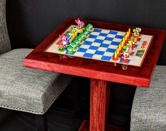 Super Mario Chess Table - Magnetized, Epoxy Resin, Solid Wood Table, Handmade Artisan Chess Pedestal Game Table