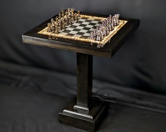 The Rook (Black) Chess Table - Ceramic Tile LED Illuminated Resin Solid Wood Table, Handmade Artisan Chess Pedestal Game Table