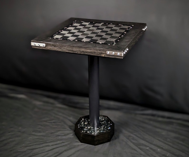 The Knight Chess Table Knight's Helm Graveyard, Black Marble and Silver Metal, Poplar Handmade Chess Table, LED Illuminated Resin image 8