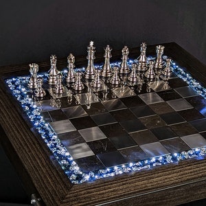 The Knight Chess Table Knight's Helm Graveyard, Black Marble and Silver Metal, Poplar Handmade Chess Table, LED Illuminated Resin image 10
