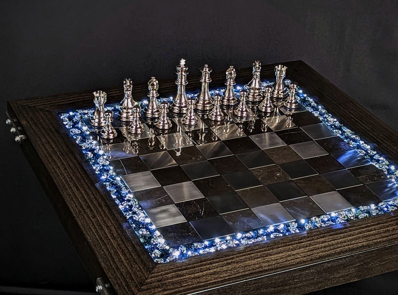 The Knight Chess Table Knight's Helm Graveyard, Black Marble and Silver Metal, Poplar Handmade Chess Table, LED Illuminated Resin image 10
