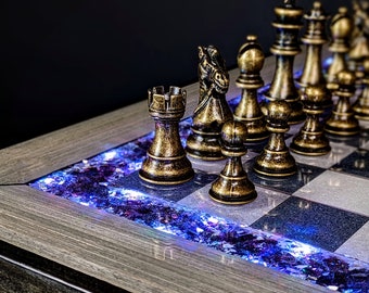 The Rook (Grey) Chess Table - Ceramic Tile LED Illuminated Resin Solid Wood Table, Handmade Artisan Chess Pedestal Game Table