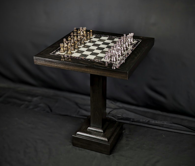 The Rook Black Chess Table Ceramic Tile LED Illuminated Resin Solid Wood Table, Handmade Artisan Chess Pedestal Game Table Bild 3