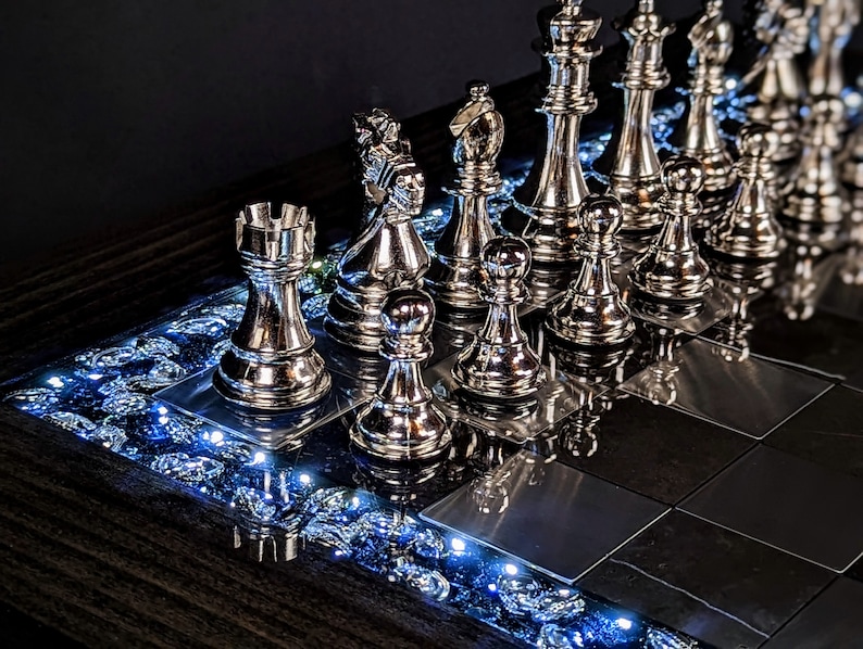 The Knight Chess Table Knight's Helm Graveyard, Black Marble and Silver Metal, Poplar Handmade Chess Table, LED Illuminated Resin image 6