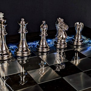 The Knight Chess Table Knight's Helm Graveyard, Black Marble and Silver Metal, Poplar Handmade Chess Table, LED Illuminated Resin image 7