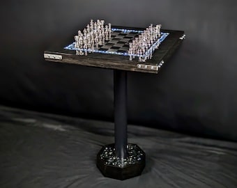 The Knight Chess Table - Knight's Helm Graveyard, Black Marble and Silver Metal, Poplar Handmade Chess Table, LED Illuminated Resin