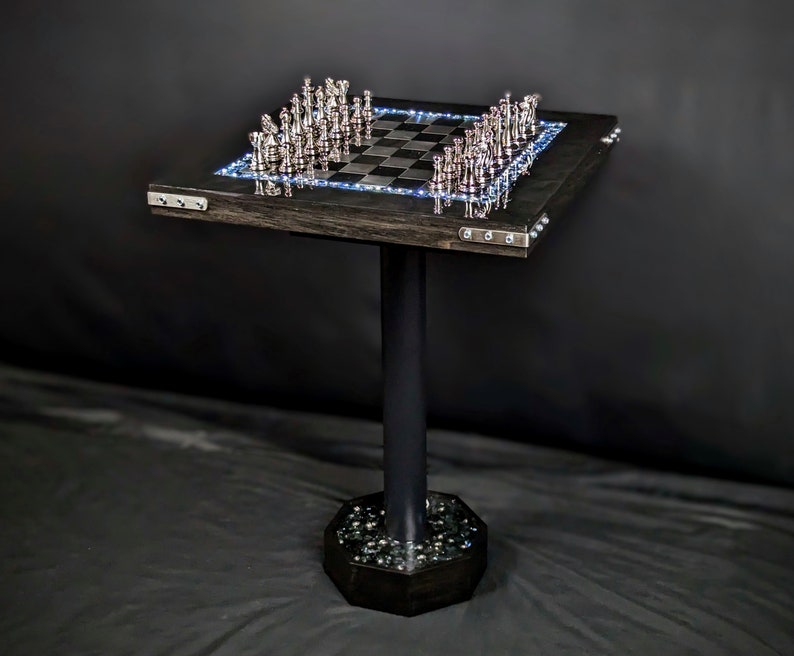 The Knight Chess Table Knight's Helm Graveyard, Black Marble and Silver Metal, Poplar Handmade Chess Table, LED Illuminated Resin image 1