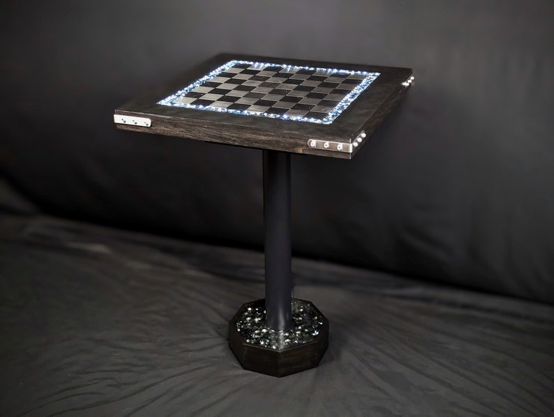 The Knight Chess Table Knight's Helm Graveyard, Black Marble and Silver Metal, Poplar Handmade Chess Table, LED Illuminated Resin image 2