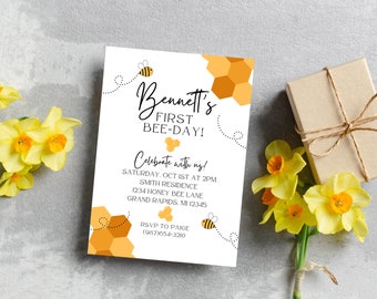 First Bee-Day Invitation Template // Birthday Invitation // First Birthday // Editable Birthday Invitation