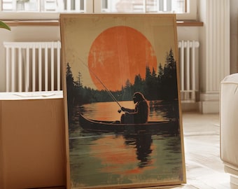 Bigfoot Fishing in Canoe | Vintage Poster Art | Funny Retro Sasquatch Print | Cabin Wall Decor | Outdoor Sports Fisherman | Gift for Dad