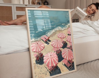 Beach Print | Retro Pink Umbrellas on Beach | Girly College Apartment Aesthetic Decor | Vintage Pink Coastal Painting | Summer Poster