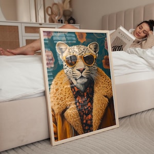 Funky Fashion Leopard Art Print | Funky Wall Art | Dopamine Aesthetic | Maximalist Decor | Funny Animal Painting | Trendy Preppy Print
