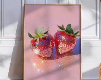 Pink Disco Strawberries Art Print: Coquette Kitchen Decor (Digital Download