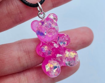 Hot Pink Glitter Gummy Bear Necklace
