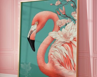 May include: A framed print of a pink flamingo with white and pink feathers, set against a teal background with white flowers.