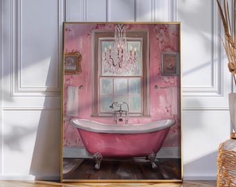 May include: A painting of a pink bathroom with a clawfoot tub, a crystal chandelier, and a window with a view of a snowy landscape.