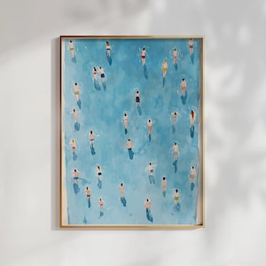Swimming Pool Of Tiny People | Swimmer Gift | Beach House Decor | Watercolor Art | Minimalist Wall Art | Pool Wall Art | Summer Poster