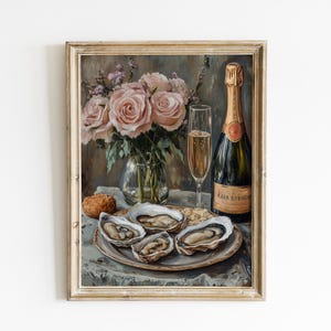 Oyster Champagne Print | Aesthetic Kitchen Decor | Retro Dinner Table Print | Oyster Wall Art | Retro Food Art | Oyster Art | Shellfish Art