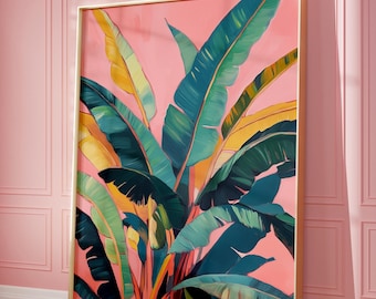 Tropical Leaves Print | Pink Summer Botanical Painting | Trendy Preppy Art | Maximalist Decor | Summer Poster | Apartment Aesthetic