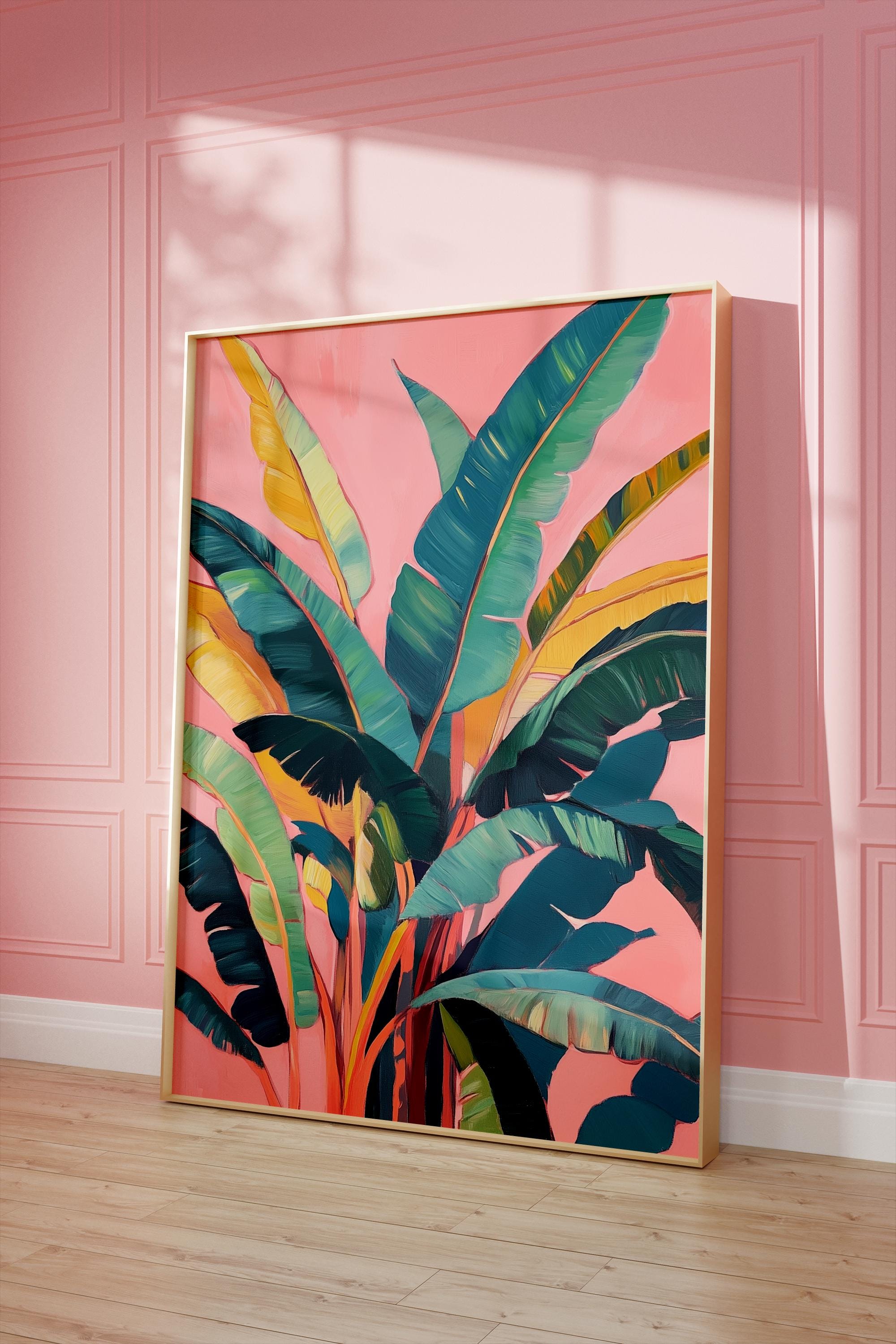 Stampa di foglie tropicali rosa: arte botanica estiva (download digitale)