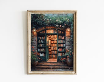 May include: A painting of a bookshop doorway with a wooden frame. The doorway is open, revealing shelves full of books. The doorway is surrounded by greenery and flowers.