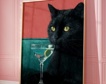 Black Cat Martini Art Print: Retro Cocktail Bar Decor
