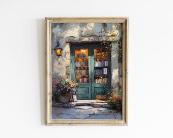 May include: A painting depicting a bookshop with a green door and shelves filled with books. The door is open and a light is on inside. There are flowers in pots outside the door.