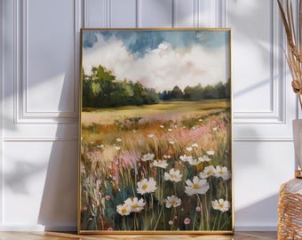 Vårblommande fältlandskap oljemålning konsttryck (digital nedladdning)