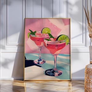 Summer Cocktail Print | Pink Bar Cart Art Print | Retro Bar Cart Decor | Preppy Drink Painting | Printable Art | Trendy Wall Art | Digital