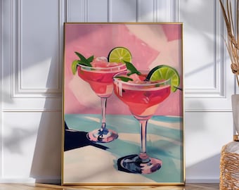 Pink Cocktail Art Print: Retro Bar Cart Painting (Digital Download)