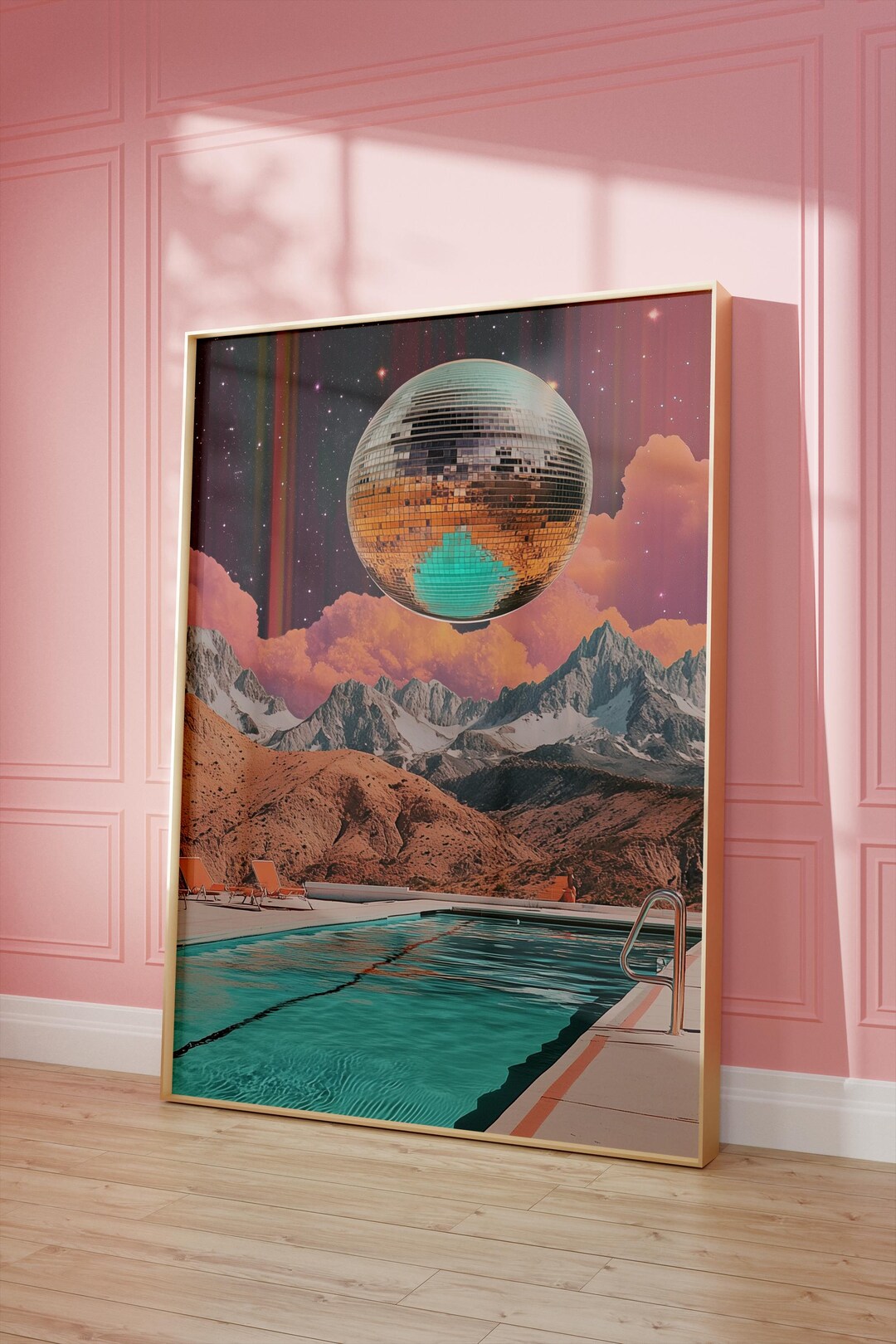 Surreal Disco Ball Moon Print Retro Pool Collage (digital Print)