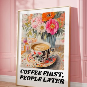 Coffee First | Sztuka ścienna w stylu retro | Sztuka do pobrania | Wydruk na wózek z kawą | Dekoracja dla miłośników kawy | Modny plakat retro | Maksymalistyczna sztuka ścienna