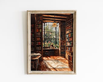 May include: Watercolour painting of a library interior. Bookshelves flank a large window, filled with books. A table with an open book is in the foreground. The room is filled with warm sunlight.
