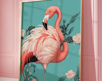 May include: A pink flamingo with a long neck and long legs stands on a turquoise background with green leaves and white flowers.